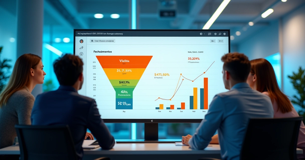 Dashboard colorido com funil completo de vendas B2B 