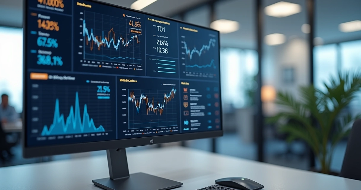 Painel com indicadores financeiros e gráficos de IA em tela de computador 