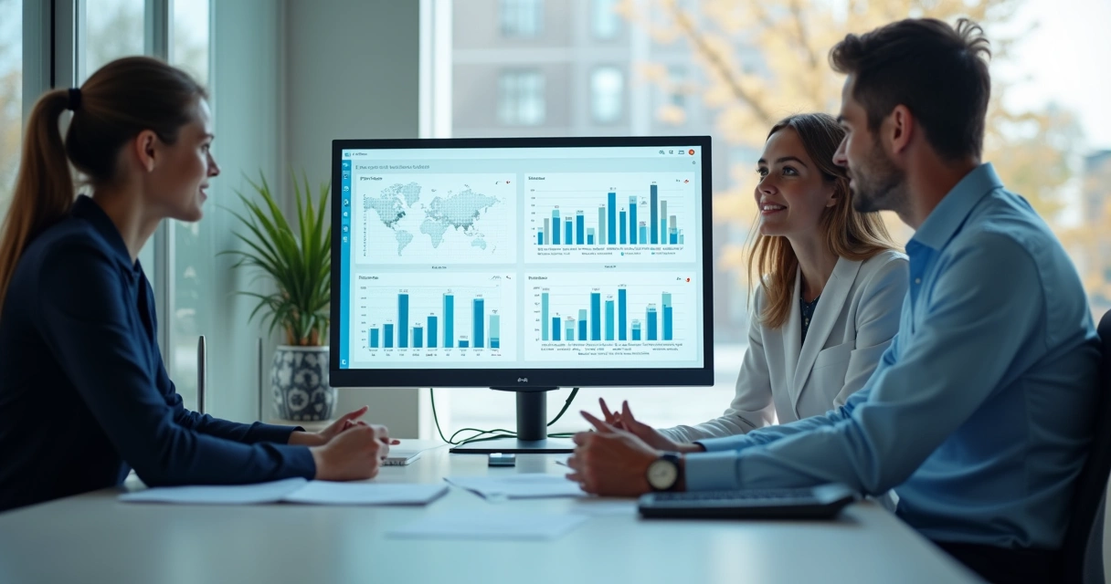 Gráficos de desempenho de clínica odontológica exibidos em monitor em sala de reunião