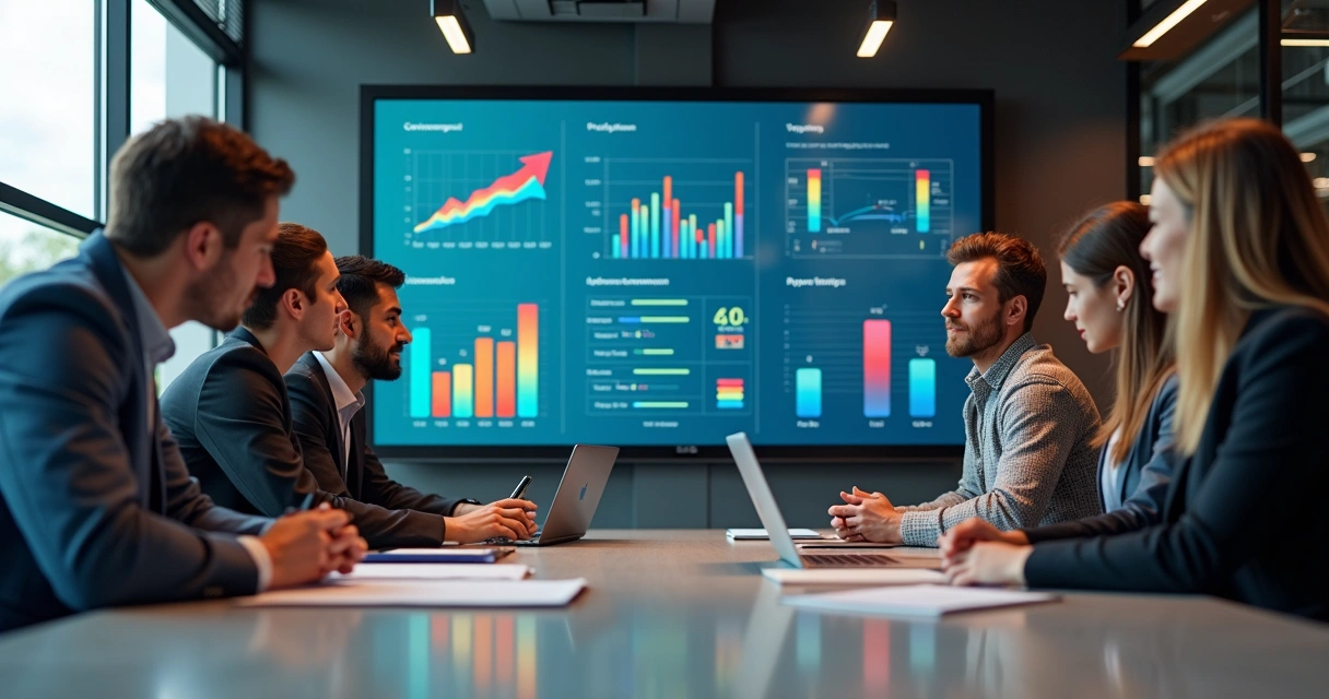 Equipe reunida discutindo KPIs em dashboard digital numa mesa de escritório 