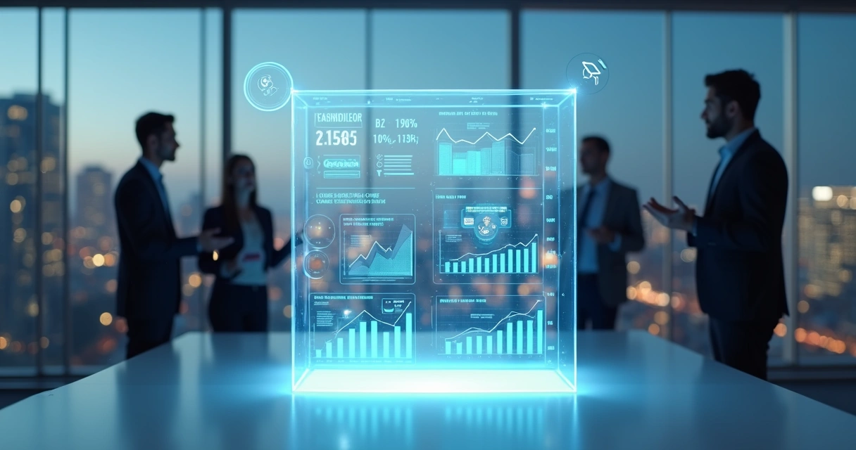 Painel de indicadores de treinamento formando cubo 3D em escritório moderno 