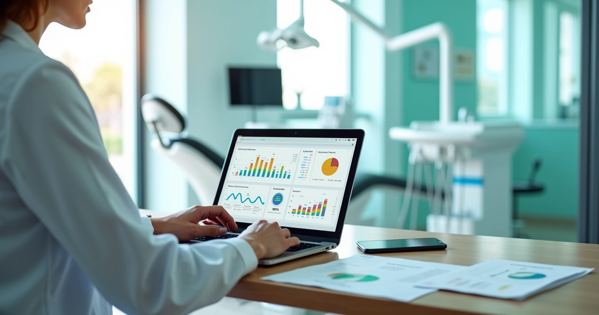 Dentista analisando painel de KPIs odontológicos em notebook na recepção da clínica 