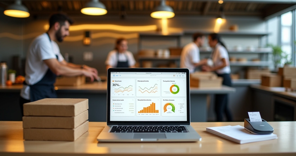 Gestor de delivery próprio analisando painel de KPIs em cozinha profissional 