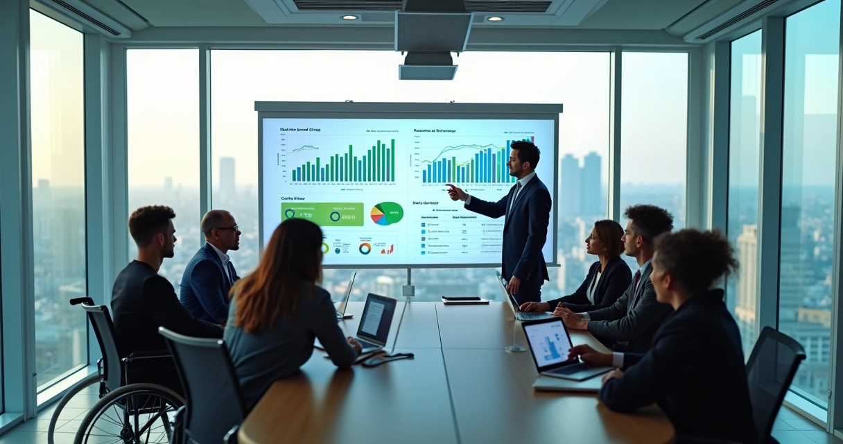 Equipe diversa reunida em sala de reunião com gráficos de KPIs em tela 