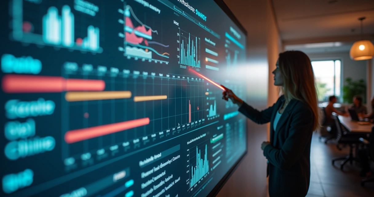 Painel com KPIs e cronograma de ações. 