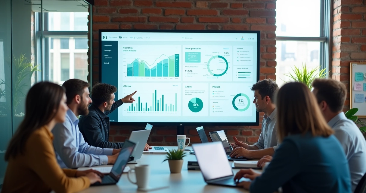 Dashboard financeiro com KPIs em tela grande em escritório de tecnologia moderno 