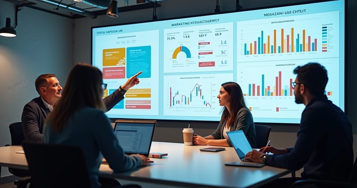 Dashboard digital com KPIs de agências de marketing e gráficos coloridos 