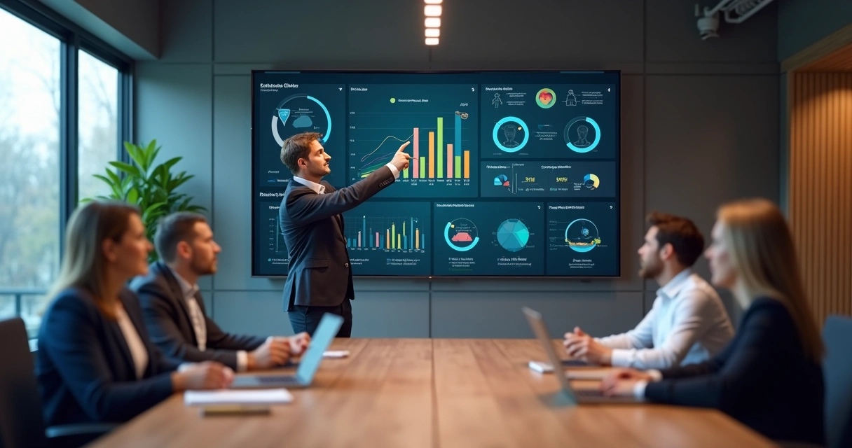 Gestor observando painel de indicadores com métricas humanas e emocionais 