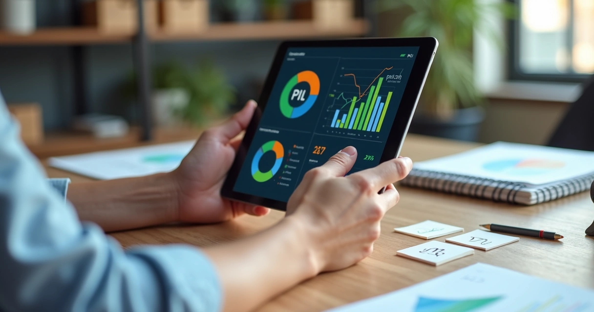Gestor analisando KPIs em painel digital multicolorido em um tablet sobre mesa de escritório 