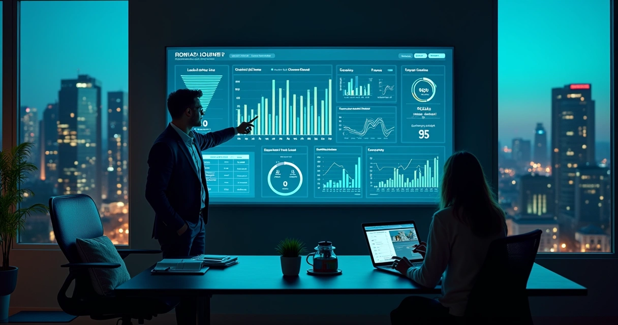 Dashboard com KPIs da jornada do lead imobiliário em tela gigante com corretores analisando dados 