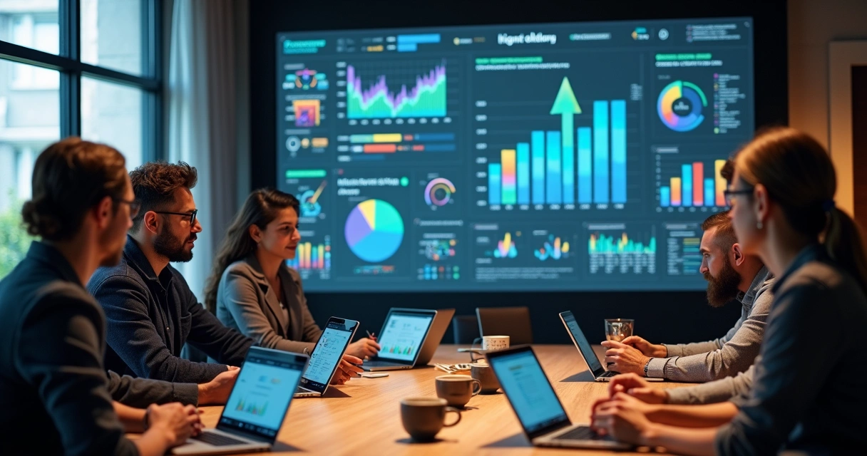 Equipe de uma startup em uma reunião analisando gráficos e documentos jurídicos 