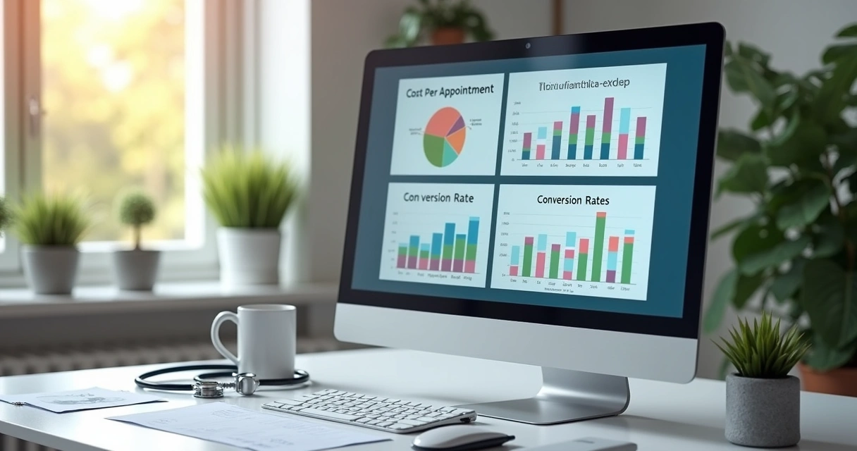 KPIs comuns em marketing veterinário num painel claro com gráficos e números