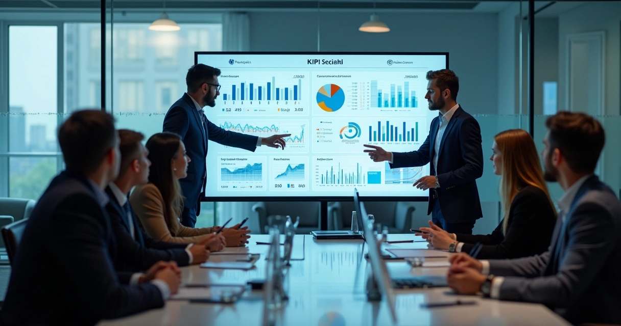 KPIs exibidos em tela com equipe analisando resultados 
