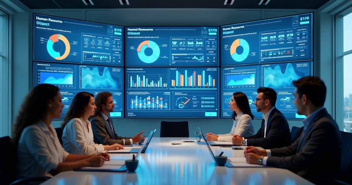 Painel digital mostrando KPIs de recursos humanos em grandes telas 