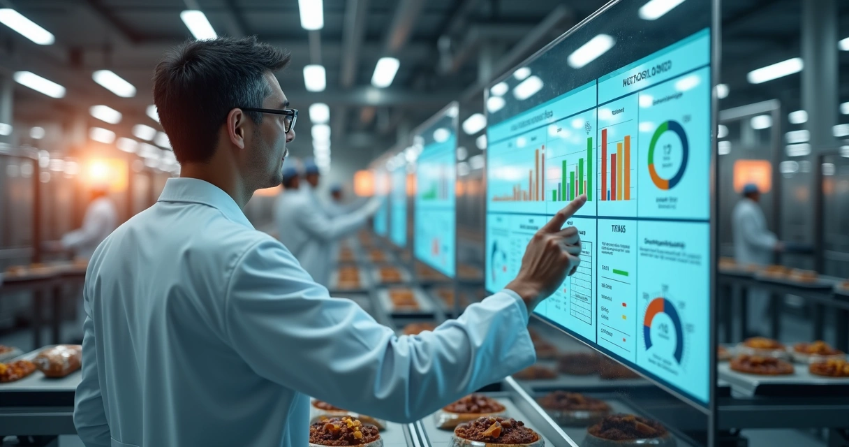 Gestor analisando KPIs de segurança de alimentos em fábrica com linha de produção ao fundo 