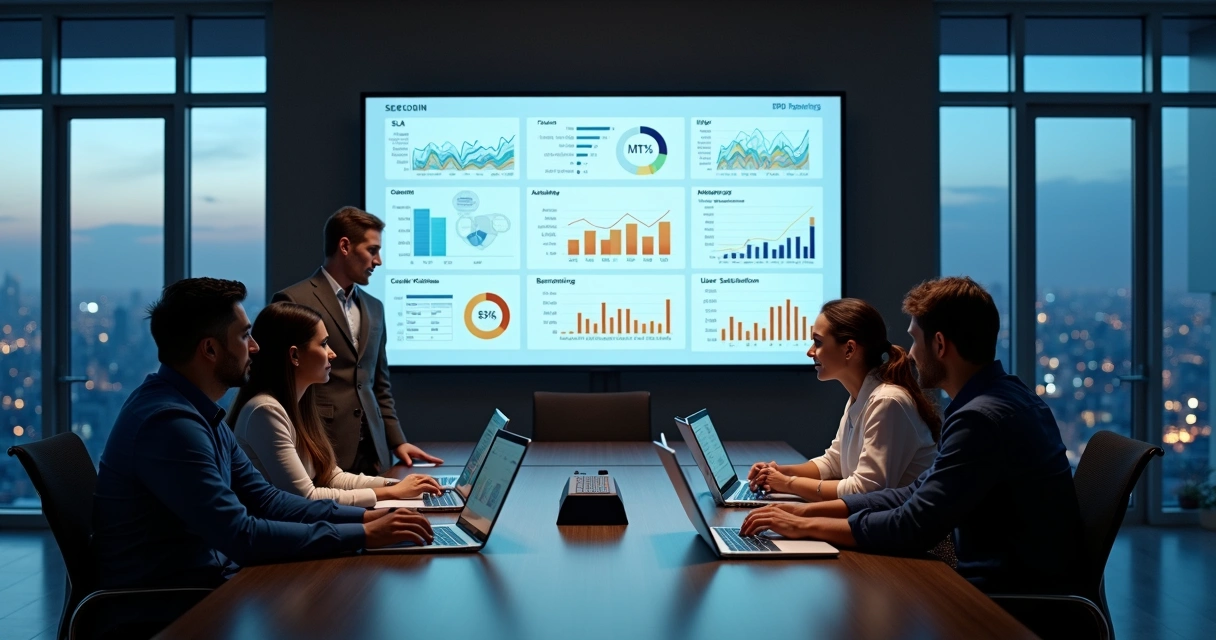 Equipe de TI analisando painel com KPIs em grande tela em sala moderna 