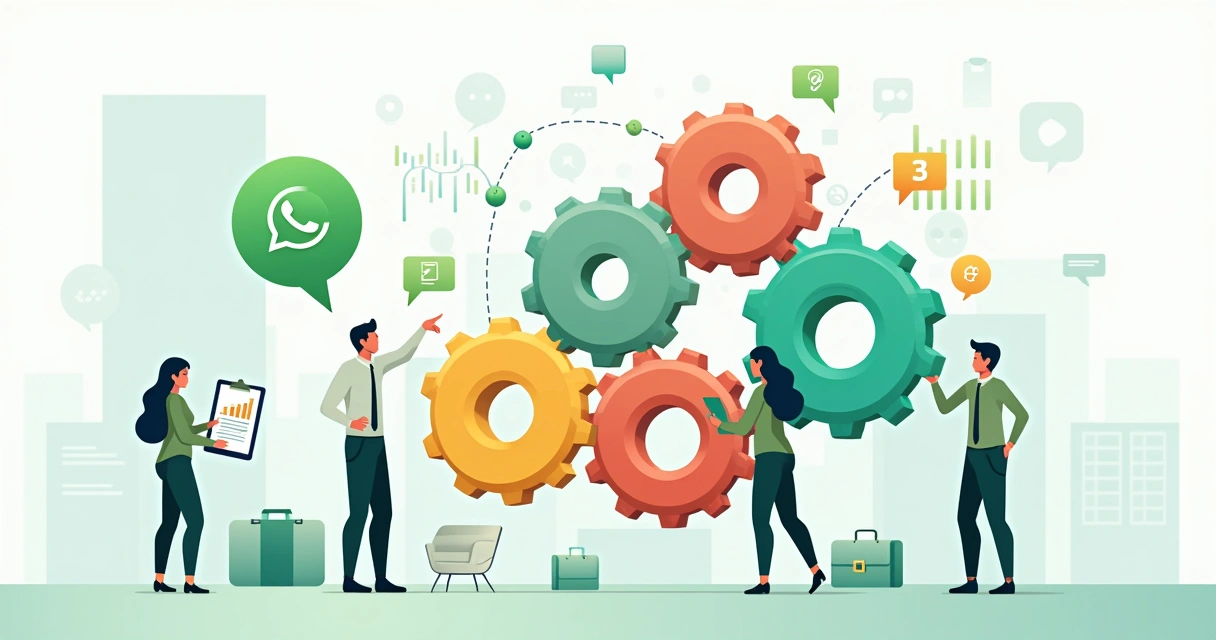 Equipe analisa KPIs B2B em engrenagens conectadas ao WhatsApp 