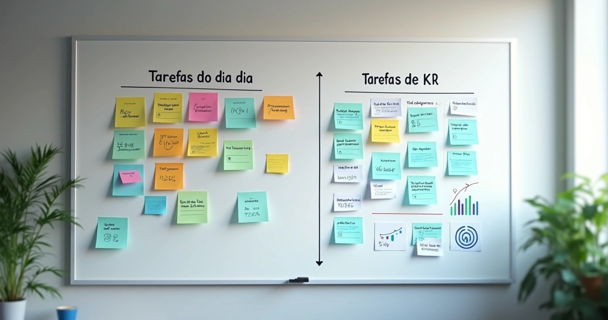 Quadro dividido mostrando coluna de tarefas comuns ao lado de tarefas ligadas a metas mensuráveis 