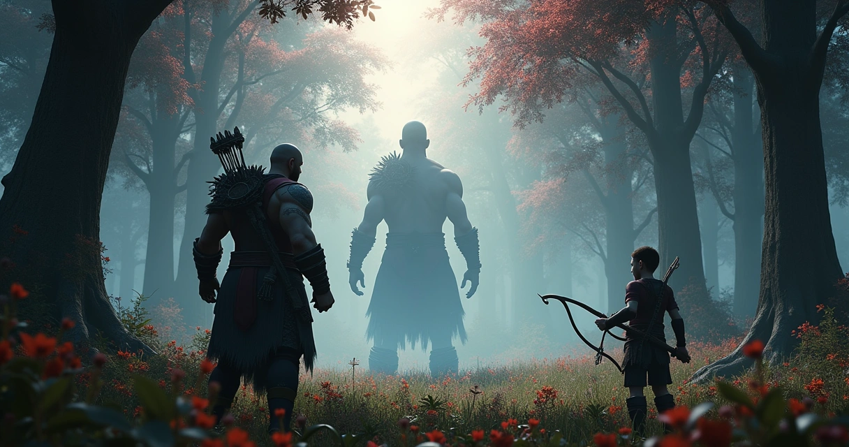 Kratos e Atreus em uma floresta nórdica, prontos para a batalha contra um monstro mítico.