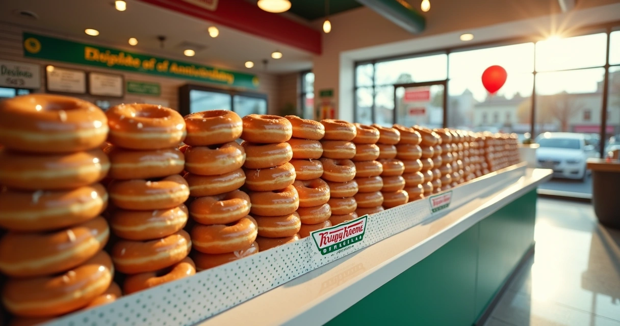 Loja da Krispy Kreme decorada de aniversário com dúzias de donuts em destaque no balcão 