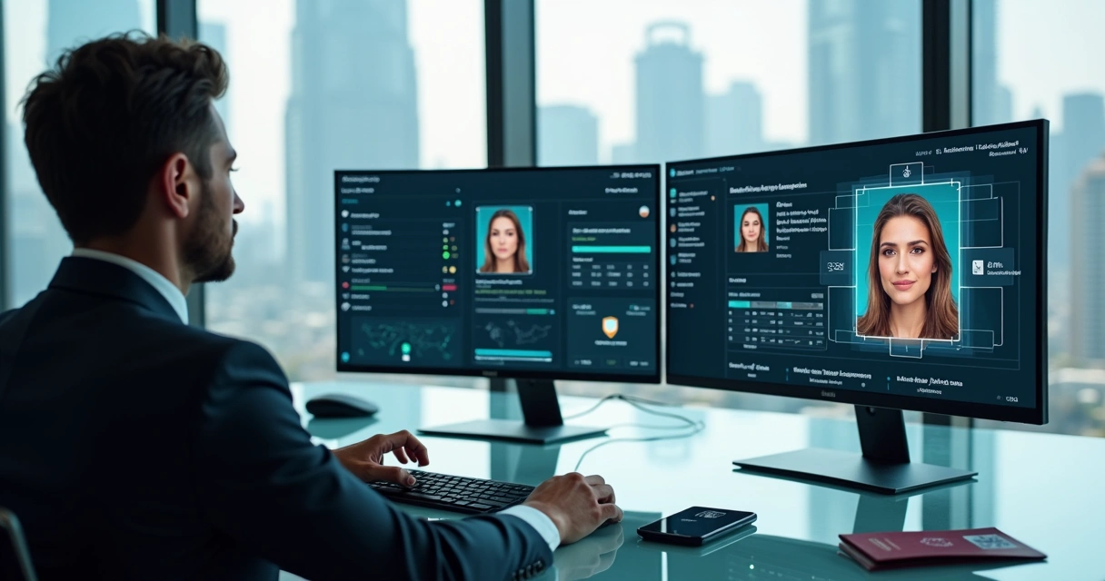 Profissional analisando tela com dados de KYC e biometria em ambiente corporativo moderno 