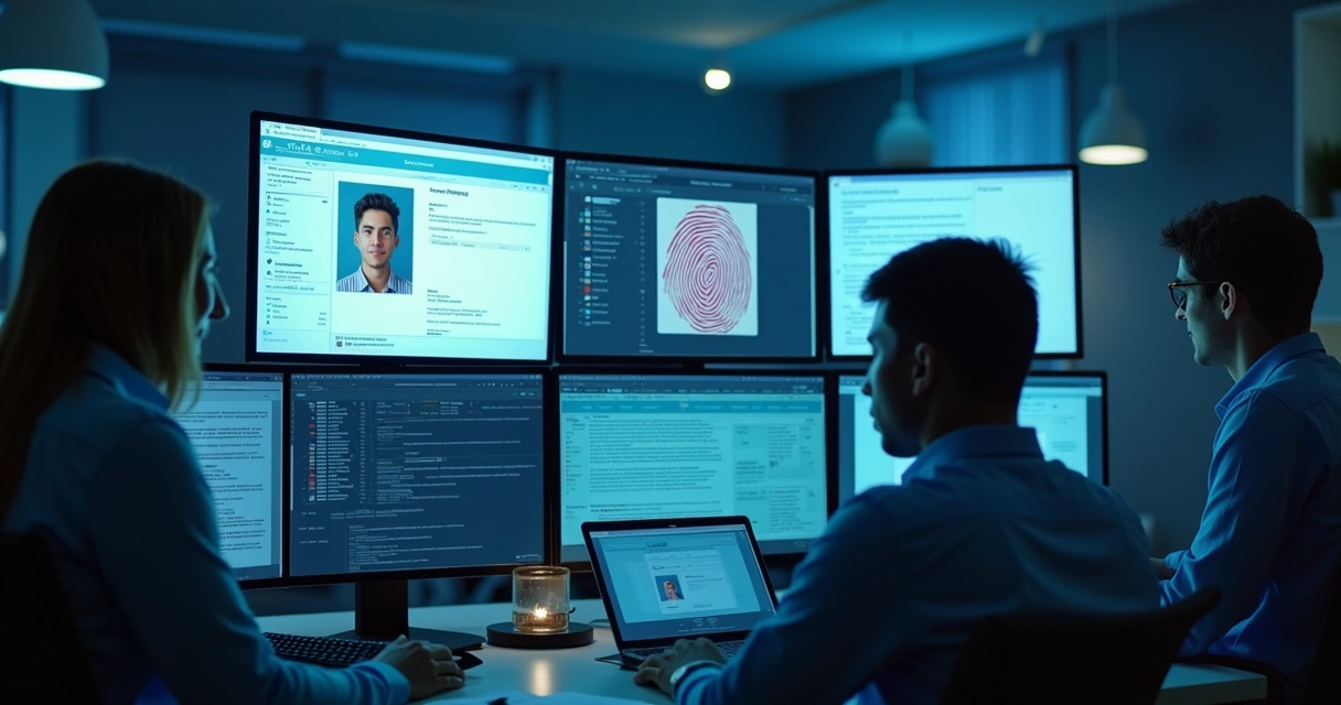 Equipe analisando documentos de identificação digital e biometria 