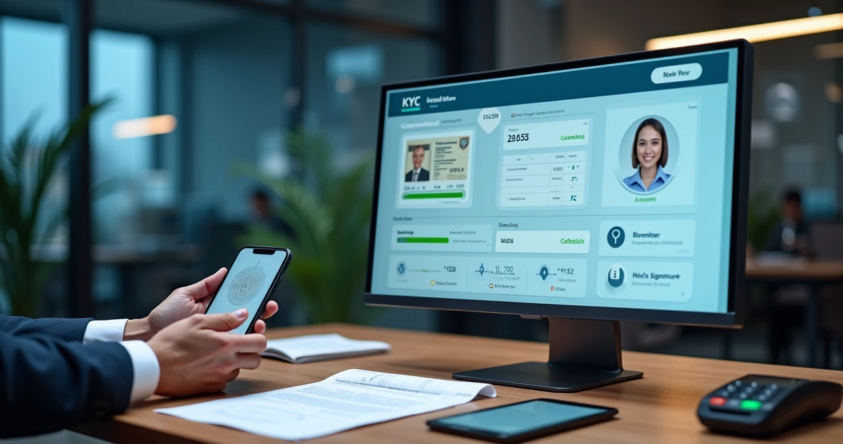 Analista financeiro verificando documentos de identidade em plataforma digital de KYC 