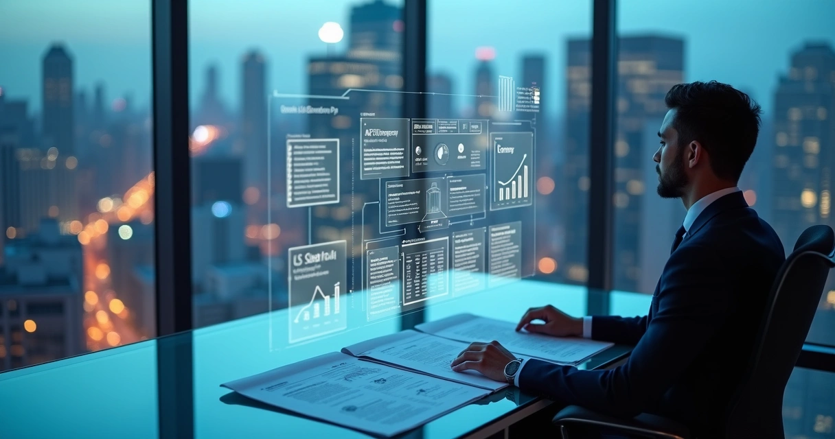 Specialized worker reviewing L-1B visa business plan connecting two company offices
