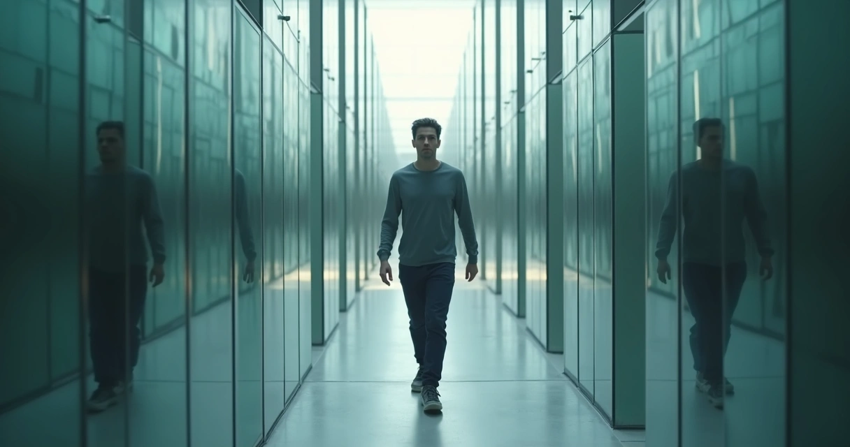 Persona caminando por un laberinto de espejos superando distorsiones mentales 