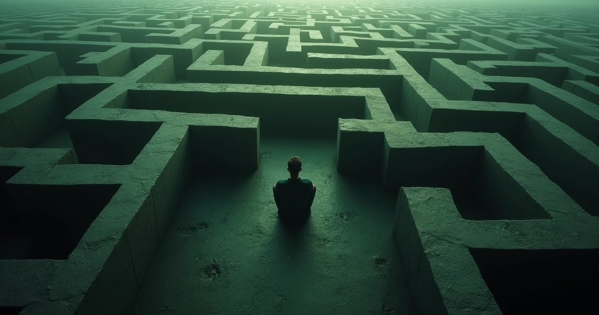 Persona dentro de un laberinto visto desde arriba, simbolizando la confusión interna.