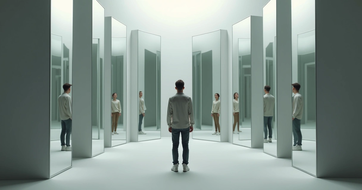 Persona observando su reflejo fragmentado en espejos dentro de un laberinto 