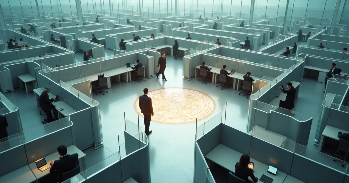 Laberinto de oficina visto desde arriba con personas atrapadas en pasillos separados 