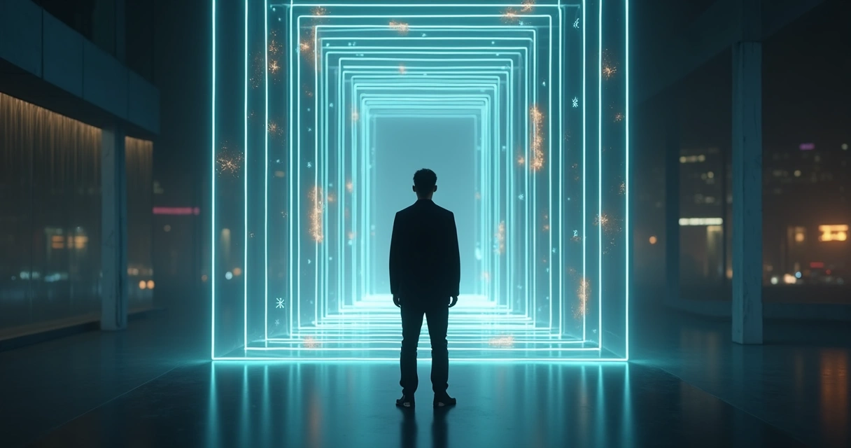 Perfil humano frente a laberinto iluminado que simboliza sesgos mentales 