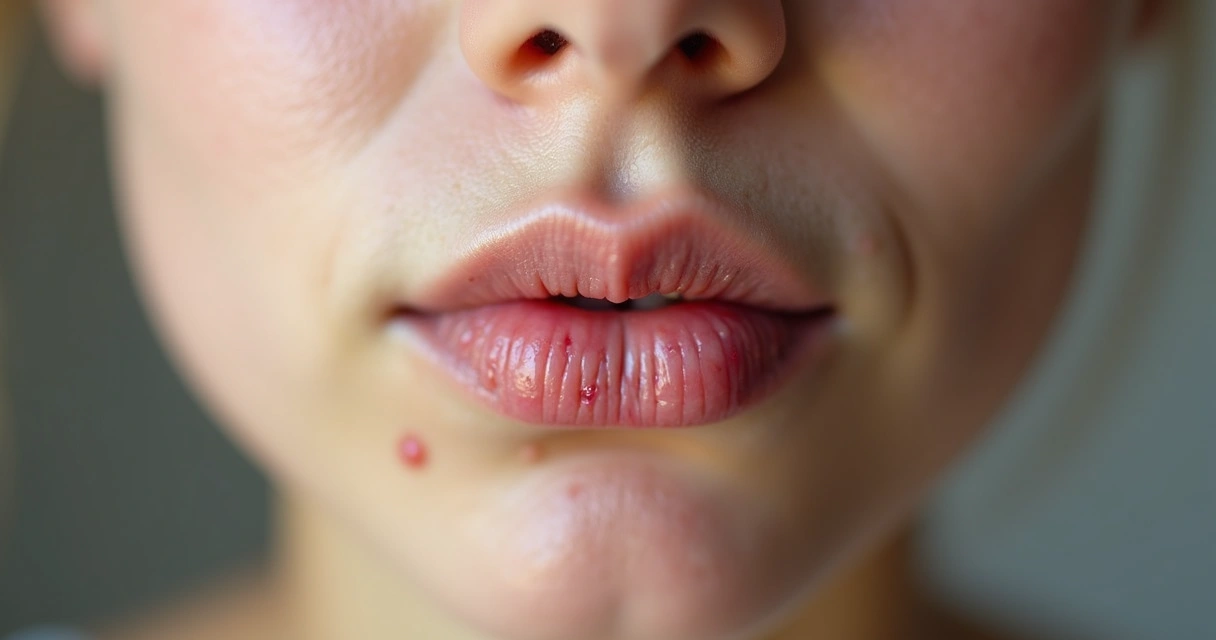 Bolhas de herpes no lábio inferior de uma pessoa adulta