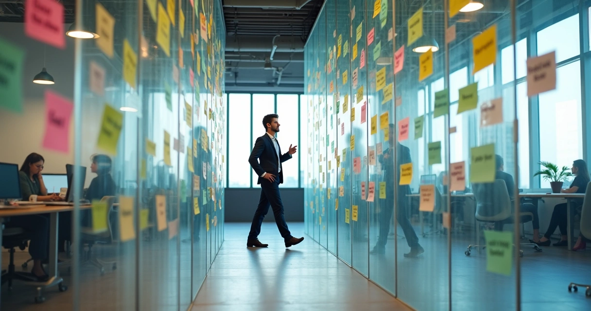 Profissional caminhando em labirinto de diálogos motivacionais dentro de escritório moderno 