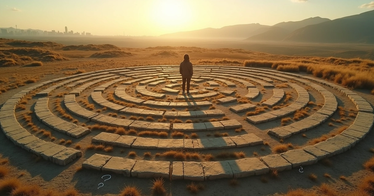 Pessoa vista de cima em encruzilhada de caminhos formando um labirinto circular 