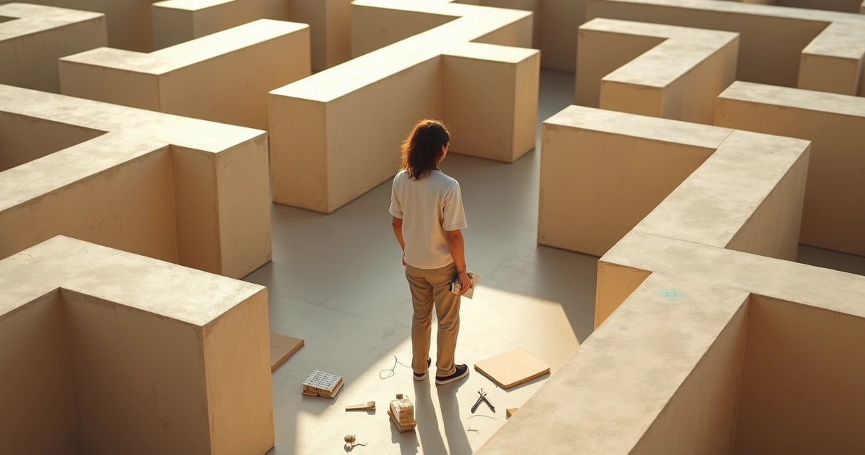 Pessoa vista de cima em um labirinto segurando pequenas maquetes de projetos 
