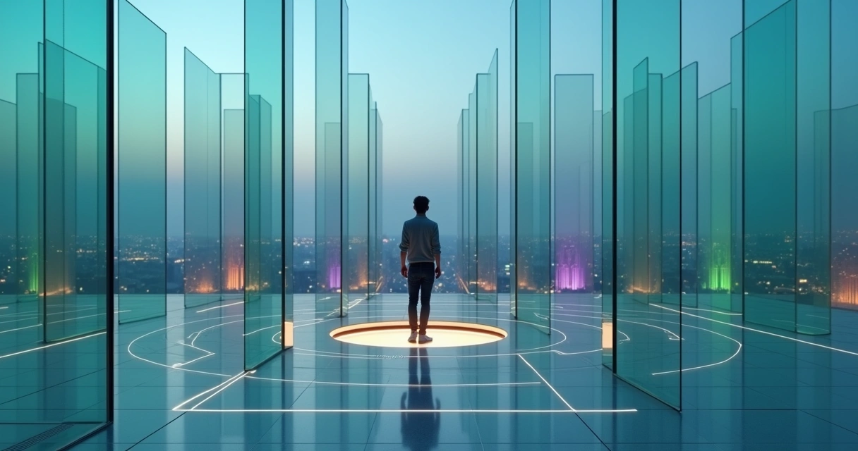 Pessoa em plataforma circular diante de labirinto transparente em grande cidade 
