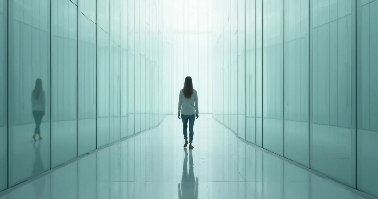 Pessoa caminhando em labirinto com paredes transparentes 