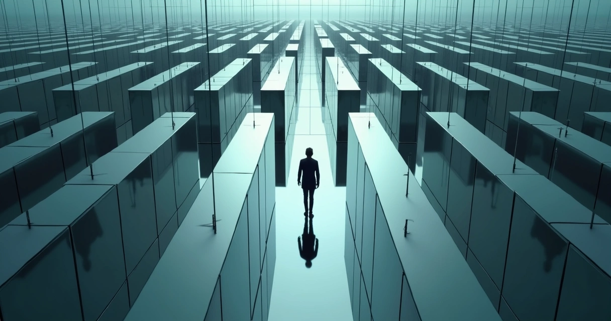 Pessoa de costas caminhando dentro de um labirinto com paredes formadas por espelhos 