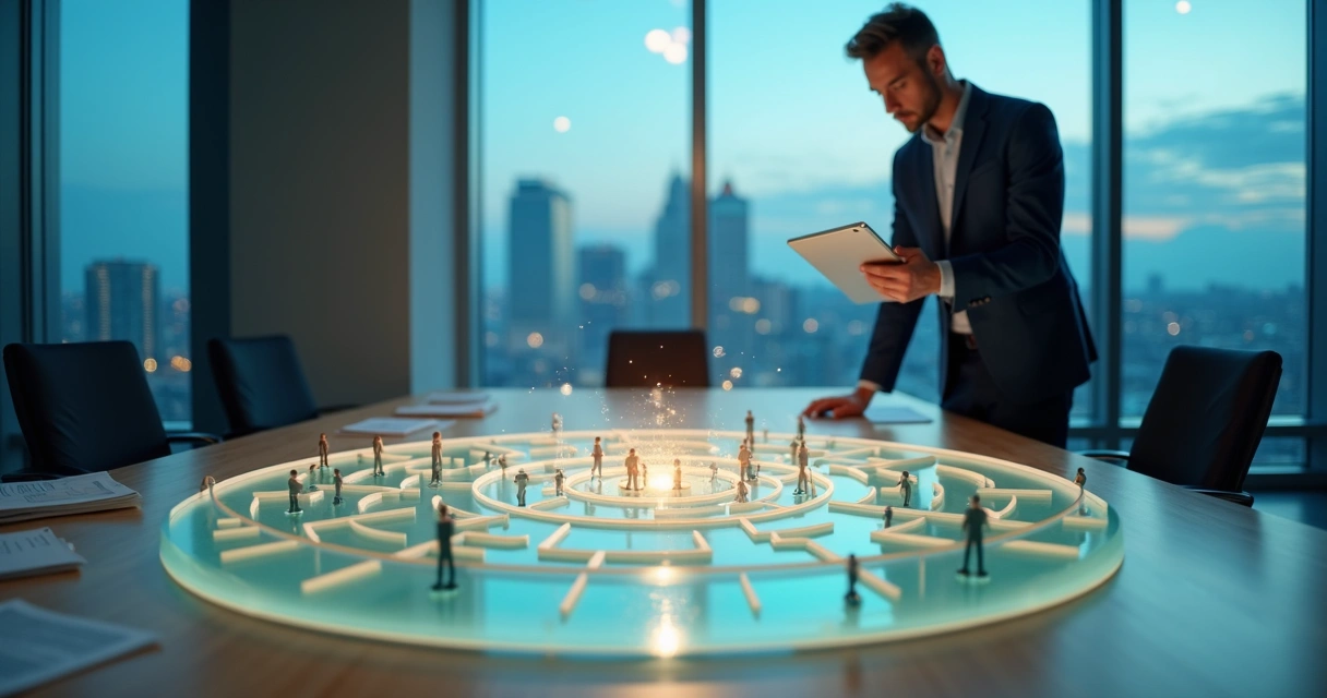 Gestor observa maquete de labirinto corporativo em sala de reunião moderna 