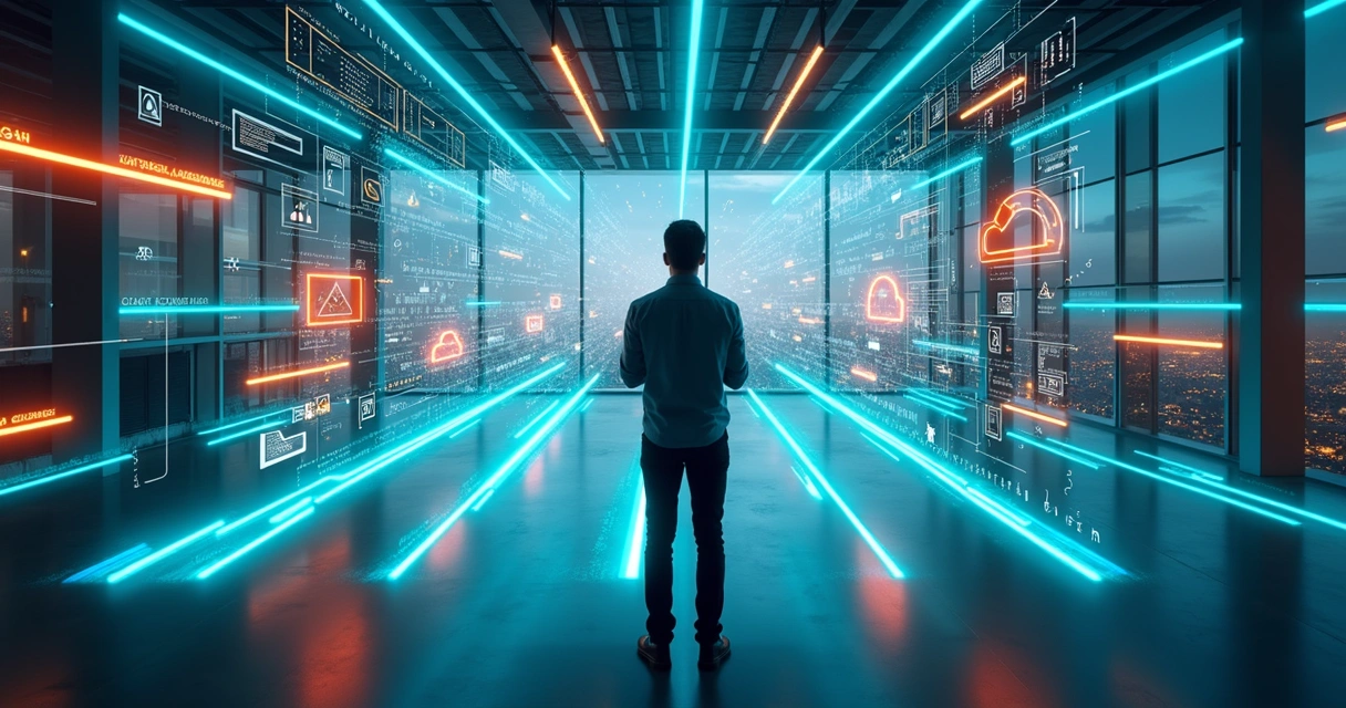 Manager facing a digital maze with paths of sales tools