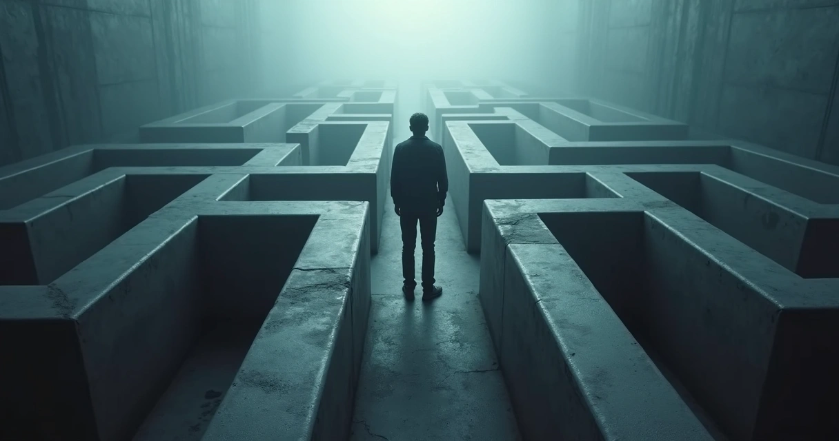 Pessoa parada em um labirinto, olhando estradas que se repetem e não levam à saída 