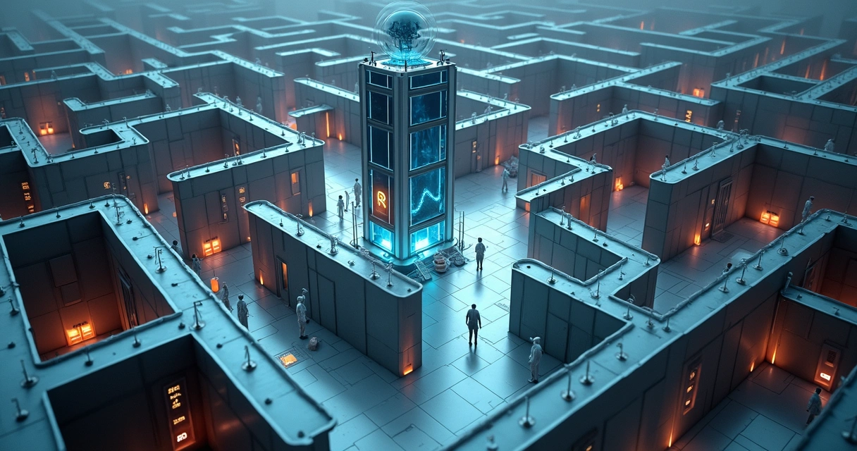 Grande labirinto corporativo com robôs de IA tentando alcançar uma torre de governança no centro 