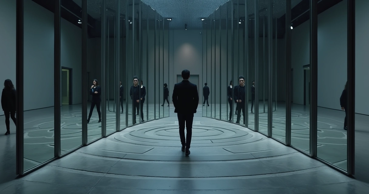 Pessoa em frente a labirinto de espelhos representando autossabotagem 