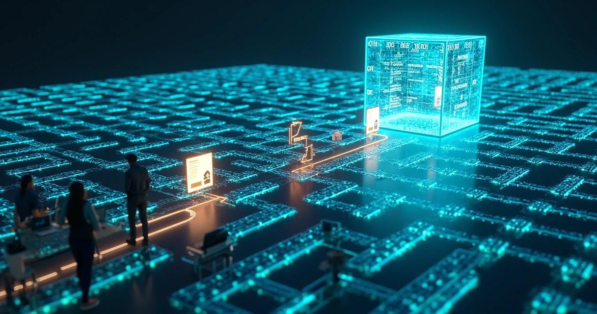 Labirinto tecnológico com ícones de notas fiscais conduzindo até sistema customizado 