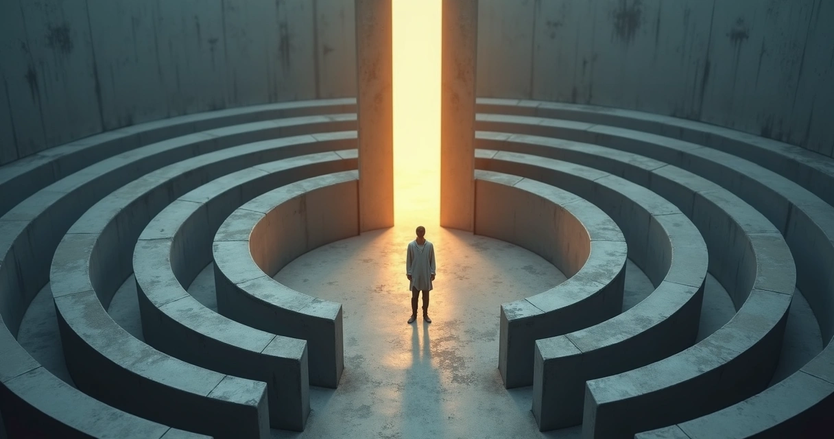 Pessoa vista de cima parada em labirinto circular com uma única porta iluminada 