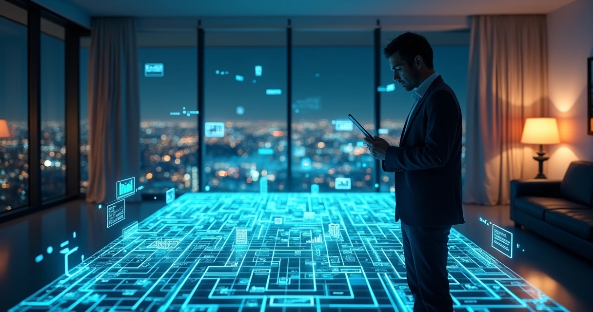 Profissional de marketing diante de labirinto luminoso de plataformas martech 