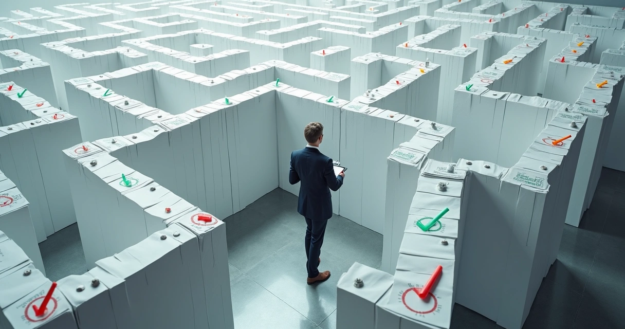 Labirinto em formato de checklists cercando pessoa em contexto corporativo 