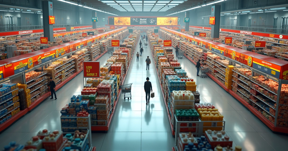 Vista aérea de um labirinto em formato de supermercado com armadilhas de compra 